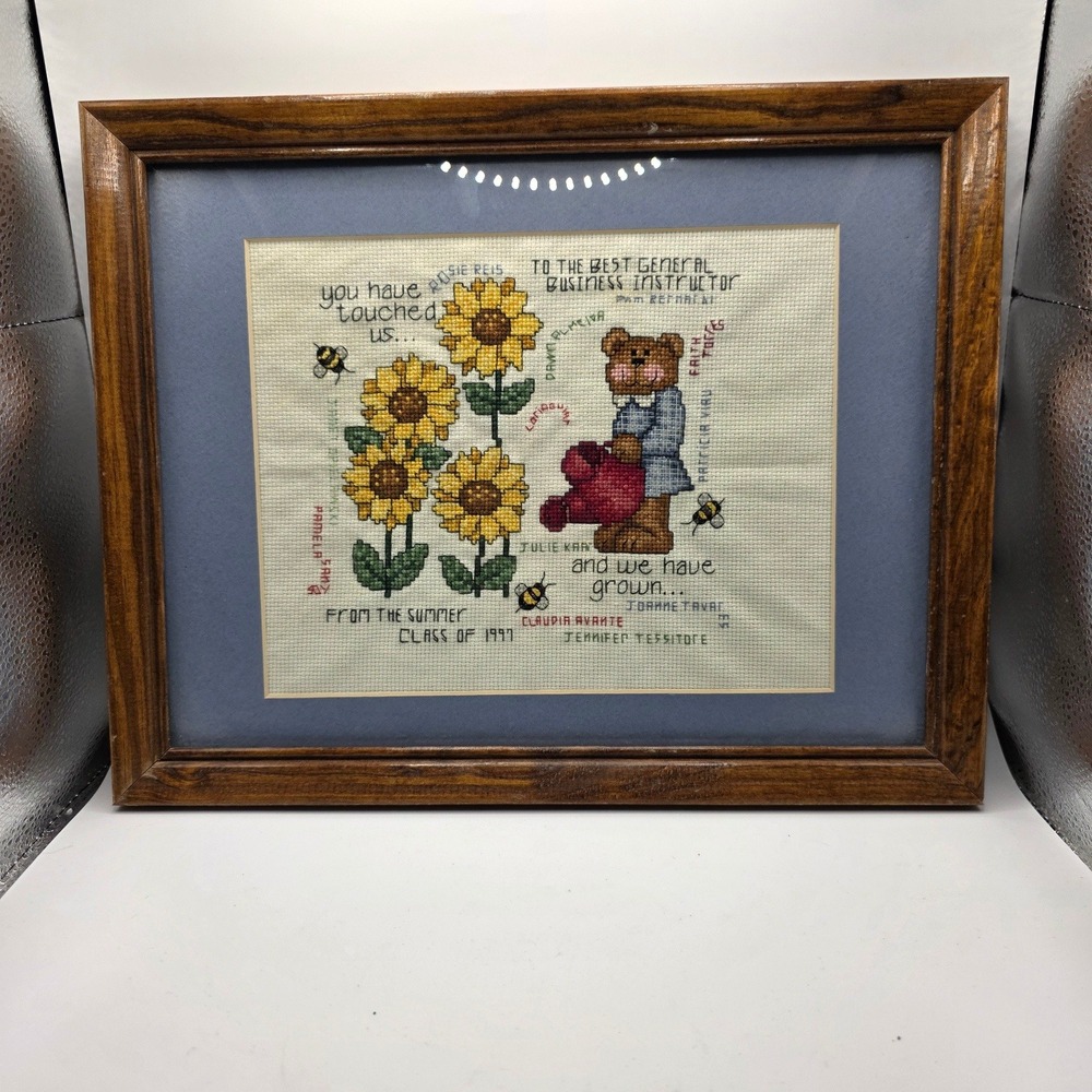 Vintage 1997 Framed Cross Stitch Sunflowers Teddy Bear Teacher Gift Wall Art